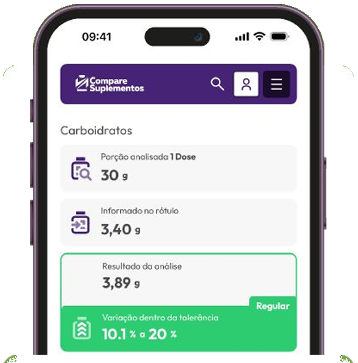 Tela do app com os resultados analíticos e a conformidade do produto